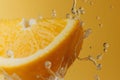 Dynamic water splash surrounding fresh orange slice on yellow background