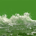 A dynamic water wave crashes energetically, creating splashes against a bright green chroma key background, ideal for Royalty Free Stock Photo