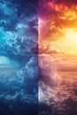 Dynamic weather collage featuring vibrant clouds lightning and a glowing sunset Royalty Free Stock Photo