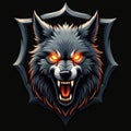 Dynamic wolf head emblem fierce expression glowing eyes. Stylized shield design aggressive mood powerful predator illustration. Royalty Free Stock Photo