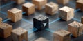 Dynamic Wooden Block Network with E-Commerce Icon Centerpiece, Symbolizing Online Retail and Global Logistics Royalty Free Stock Photo