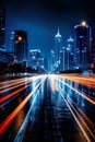 dynamic world of a city at night, where streets are illuminated with vibrant lights and dynamic energy. Royalty Free Stock Photo