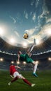 Dynamics. Two male sportsmen, football players in motion during competition, playing at 3D openair stadium, kicking ball