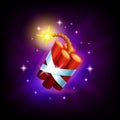 Dynamite with burning fuse icon for video game or mobile app, dark background. TNT bomb vector illustration in cartoon