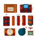 Dynamite sticks. Risk dangerous items bomb with clock alarm and timer detonator explosion burn vector cartoon pictures Royalty Free Stock Photo