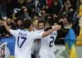 Dynamo Kyiv fans celebrating scored goal with players, UEFA Europa League Round of 16 second leg match between Dynamo and Everton