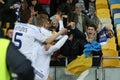 Dynamo Kyiv fans celebrating scored goal with players, UEFA Europa League Round of 16 second leg match between Dynamo and Everton