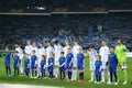 Dynamo Kyiv players standing in line before UEFA Europa League Round of 16 second leg match between Dynamo and Everton Royalty Free Stock Photo