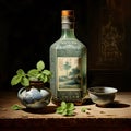 In Dynasty era painting style, a bottle of mint oil is depicted with intricate and ornate patterns that encase the vessel. Royalty Free Stock Photo