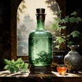 In Dynasty era painting style, a bottle of mint oil is depicted with intricate and ornate patterns that encase the vessel. Royalty Free Stock Photo