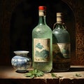 In Dynasty era painting style, a bottle of mint oil is depicted with intricate and ornate patterns that encase the vessel.