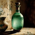 In Dynasty era painting style, a bottle of mint oil is depicted with intricate and ornate patterns that encase the vessel. Royalty Free Stock Photo