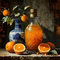 In the Dynasty era painting style, a bottle of orange juice is depicted in a striking manner.