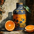 In the Dynasty era painting style, a bottle of orange juice is depicted in a striking manner.