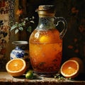 In the Dynasty era painting style, a bottle of orange juice is depicted in a striking manner.