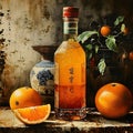 In the Dynasty era painting style, a bottle of orange juice is depicted in a striking manner.