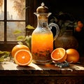 In the Dynasty era painting style, a bottle of orange juice is depicted in a striking manner.