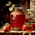 In Dynasty era painting style, a bottle of strawberry jam is depicted with intricate ornate patterns encasing the vessel. Royalty Free Stock Photo