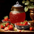 In Dynasty era painting style, a bottle of strawberry jam is depicted with intricate ornate patterns encasing the vessel. Royalty Free Stock Photo