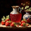 In Dynasty era painting style, a bottle of strawberry jam is depicted with intricate ornate patterns encasing the vessel. Royalty Free Stock Photo