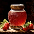 In Dynasty era painting style, a bottle of strawberry jam is depicted with intricate ornate patterns encasing the vessel. Royalty Free Stock Photo