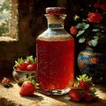 In Dynasty era painting style, a bottle of strawberry jam is depicted with intricate ornate patterns encasing the vessel. Royalty Free Stock Photo