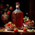 In Dynasty era painting style, a bottle of strawberry jam is depicted with intricate ornate patterns encasing the vessel. Royalty Free Stock Photo