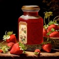 In Dynasty era painting style, a bottle of strawberry jam is depicted with intricate ornate patterns encasing the vessel. Royalty Free Stock Photo