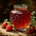 In Dynasty era painting style, a bottle of strawberry jam is depicted with intricate ornate patterns encasing the vessel. Royalty Free Stock Photo