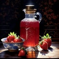 In Dynasty era painting style, a bottle of strawberry jam is depicted with intricate ornate patterns encasing the vessel. Royalty Free Stock Photo