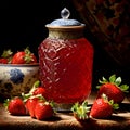 In Dynasty era painting style, a bottle of strawberry jam is depicted with intricate ornate patterns encasing the vessel. Royalty Free Stock Photo