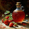 In Dynasty era painting style, a bottle of strawberry jam is depicted with intricate ornate patterns encasing the vessel. Royalty Free Stock Photo