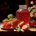 In Dynasty era painting style, a bottle of strawberry jam is depicted with intricate ornate patterns encasing the vessel. Royalty Free Stock Photo