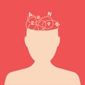 Dyslexia concept. Male silhouette with confused thoughts and letters above his head on a red background