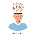 Dyslexia concept. Young boy having learning difficulty. Messed letters, confused head. Logopedy, Speech Therapy Lessons