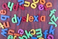 Dyslexia text with scattered alphabets on wooden table.