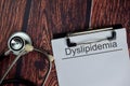 Dyslipidemia text write on a paperwork isolated on office desk. Healthcare/Medical concept Royalty Free Stock Photo