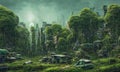 Post-apocalyptic city, dystopic overgrown buildings, digital painting Royalty Free Stock Photo