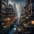 Dystopian cityscape illustration AI generative image