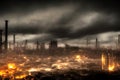 Dystopian dark depressing landscape with black clouds, fireplaces and skeletons of industrial buildings, made with generative AI