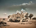 dystopian desert scene with car wreckage and old abandoned hotel Royalty Free Stock Photo