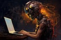 A dystopian digital art image of a robot with a human-like body and a head made of wires, typing on a laptop at a desk, against a