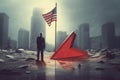 Dystopian illustration of consequences of a world nuclear war, a destroyed city under a waving American flag Royalty Free Stock Photo