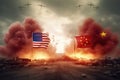 A dystopian illustration of the war between the US and China. Chinese and American flags over the destroyed and burning