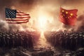 A dystopian illustration of the war between the US and China. Chinese and American flags over the troops opposing each