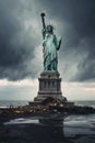 Dystopian Liberty: Statue of Liberty Amidst Trash and Storm