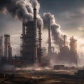 Dystopian scene of a polluted, over-industrialized world, with smog-filled skies and towering factories4