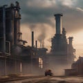 Dystopian scene of a polluted, over-industrialized world, with smog-filled skies and towering factories1