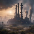 Dystopian scene of a polluted, over-industrialized world, with smog-filled skies and towering factories3