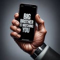 Dystopian Surveillance: Hand Holding Phone with \'Big Brother is Watching You\' Text - AI Generated Image